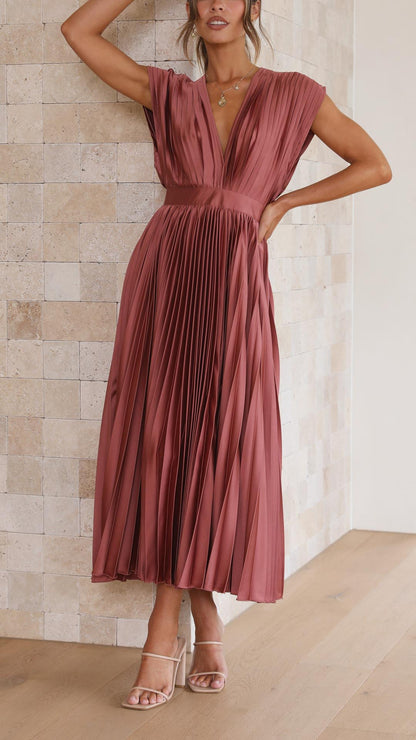 Women's Pleated Deep V-Neck Maxi Dress