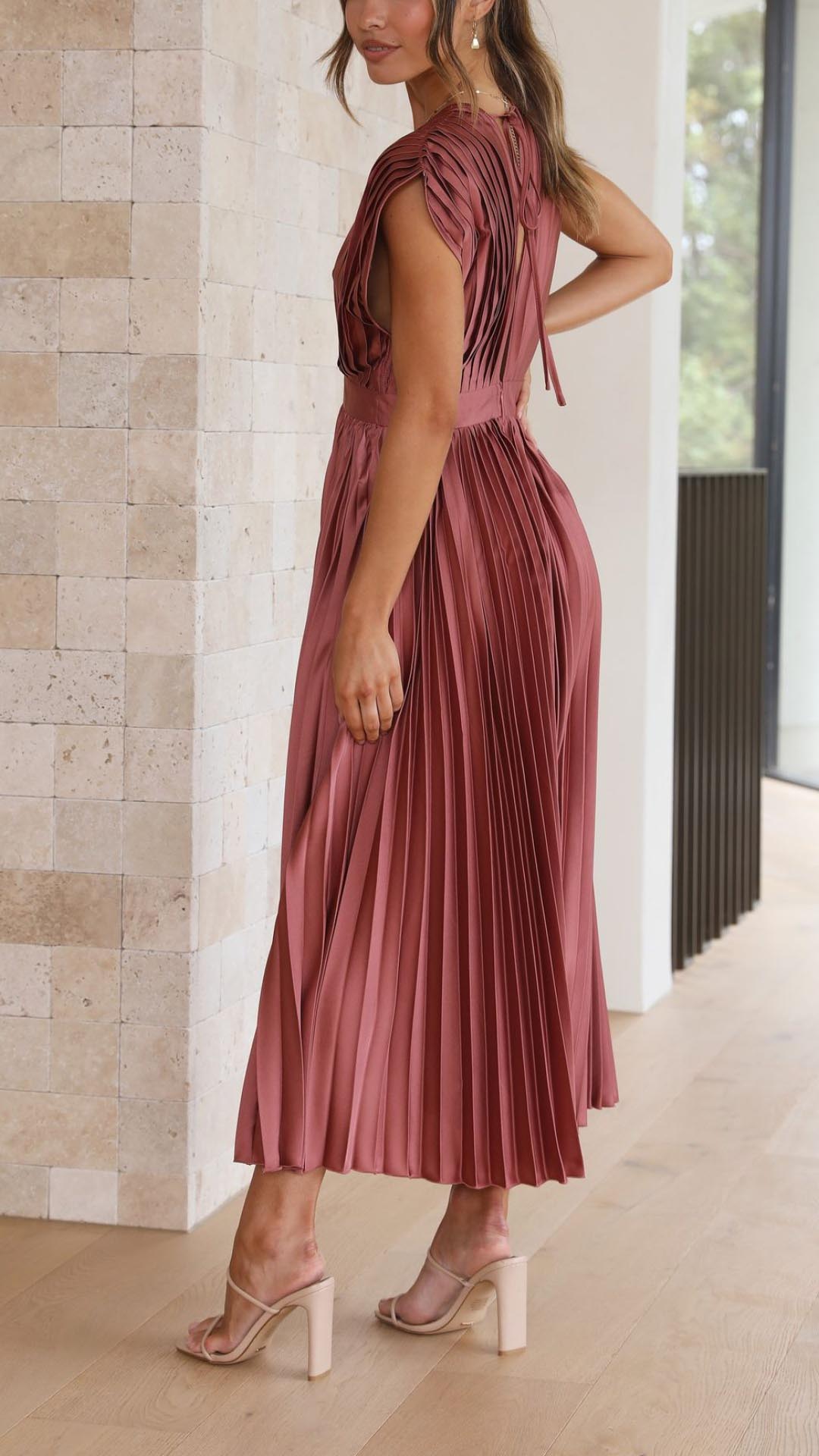 Women's Pleated Deep V-Neck Maxi Dress