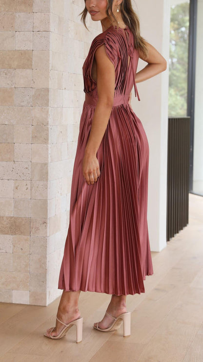 Women's Pleated Deep V-Neck Maxi Dress