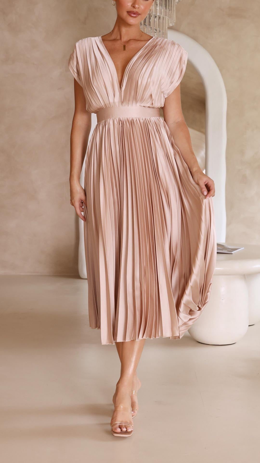 Women's Pleated Deep V-Neck Maxi Dress