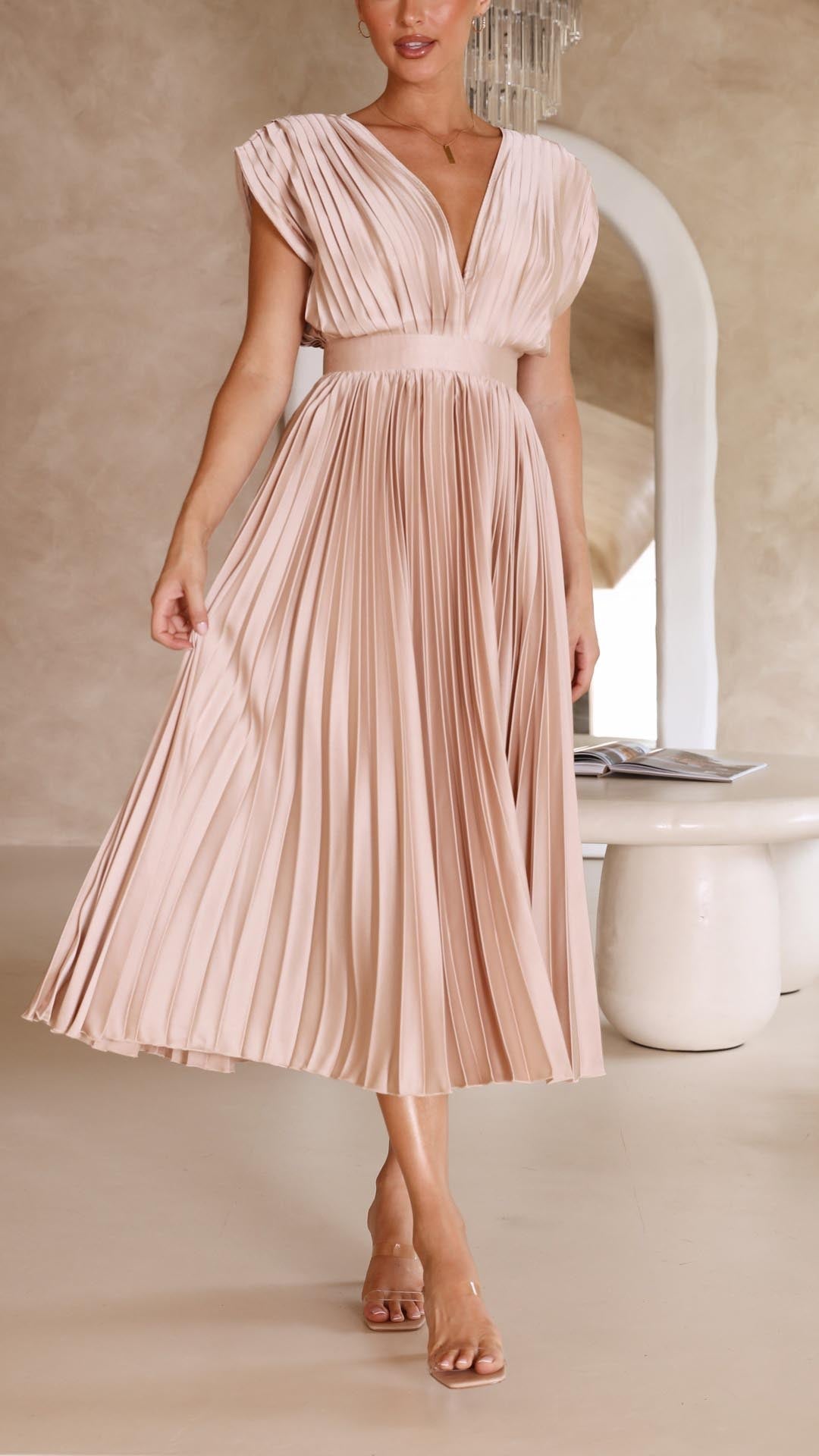 Women's Pleated Deep V-Neck Maxi Dress