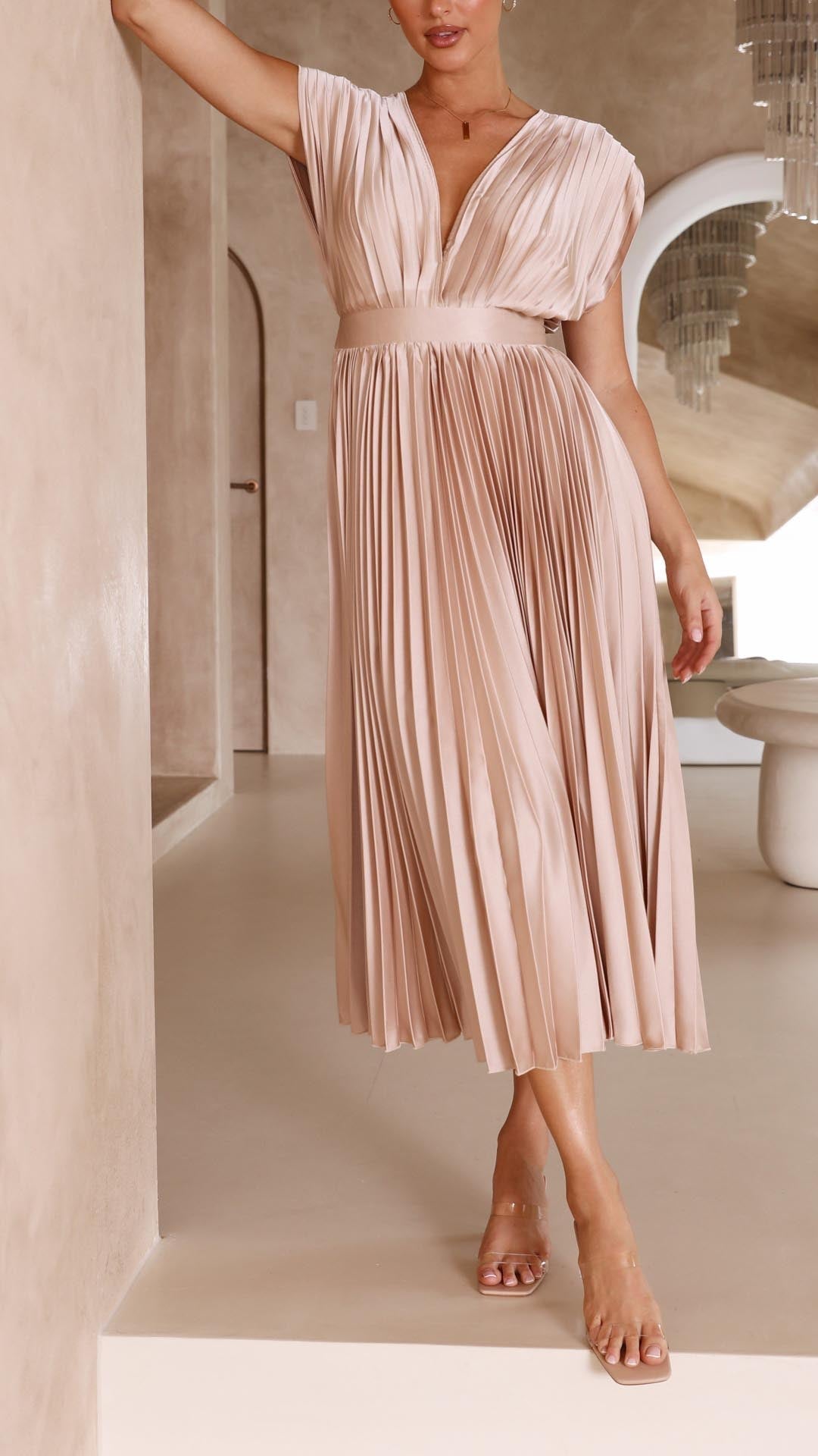 Women's Pleated Deep V-Neck Maxi Dress