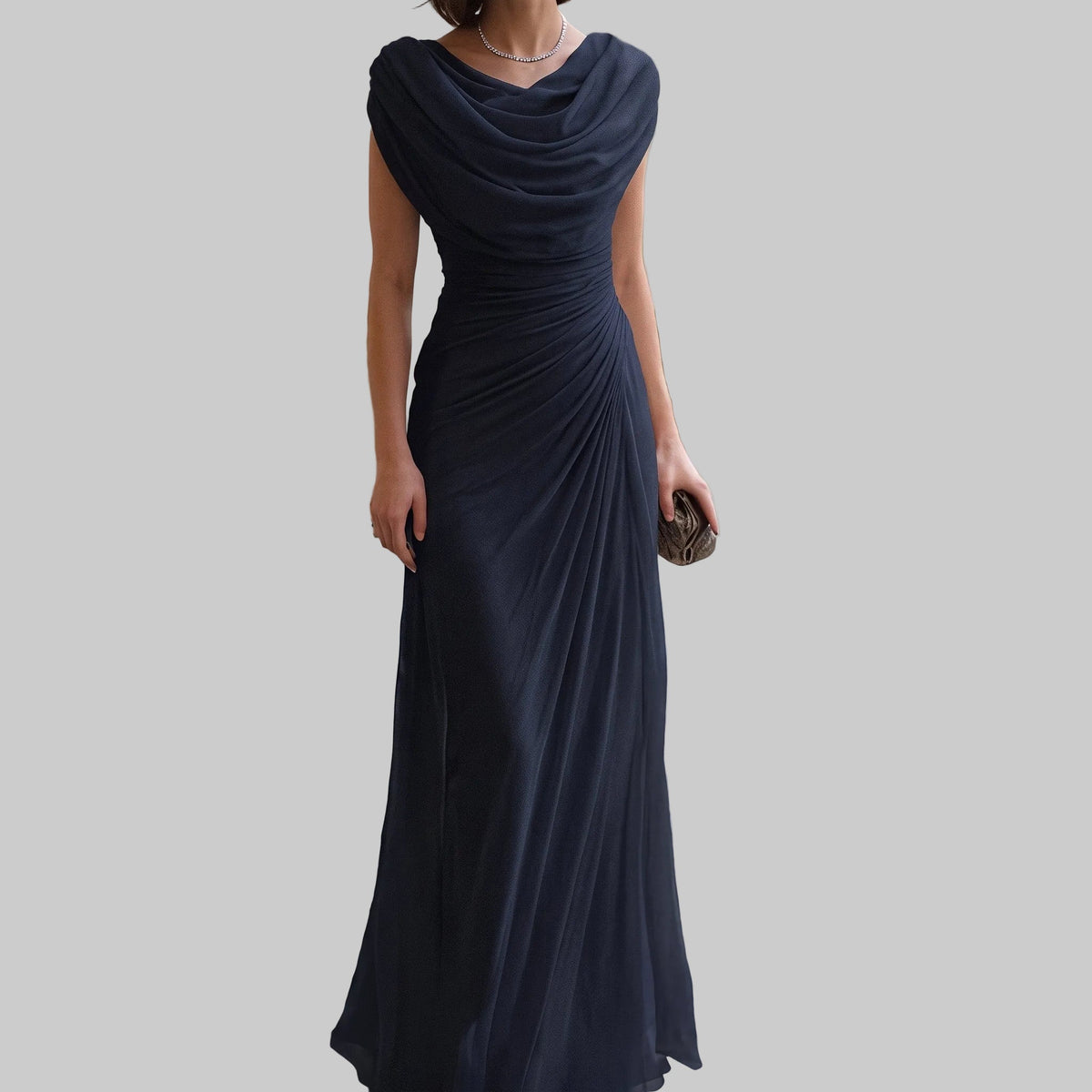 Women's Ruched Maxi Dress with Draped Neckline
