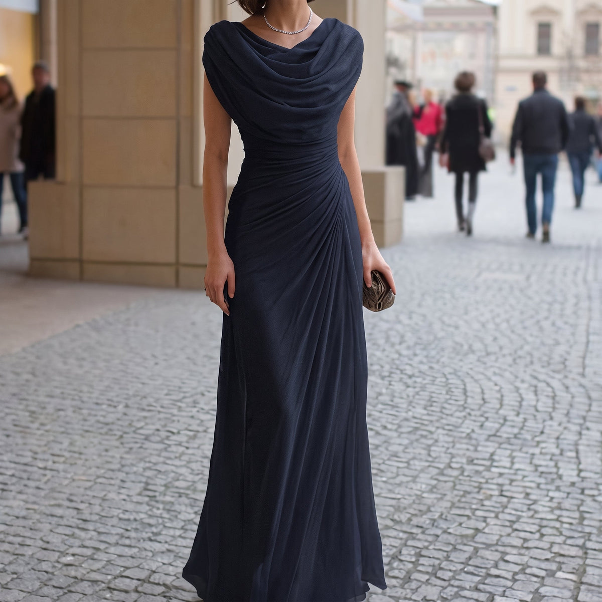 Women's Ruched Maxi Dress with Draped Neckline
