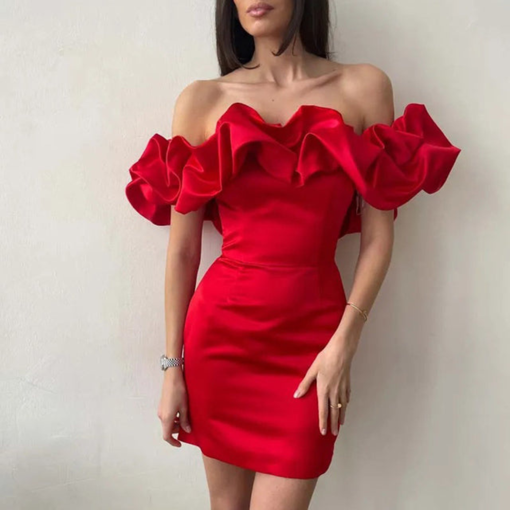 Women's Off-the-Shoulder Satin Mini Dress with Ruffles