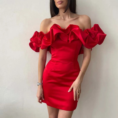 Women's Off-the-Shoulder Satin Mini Dress with Ruffles