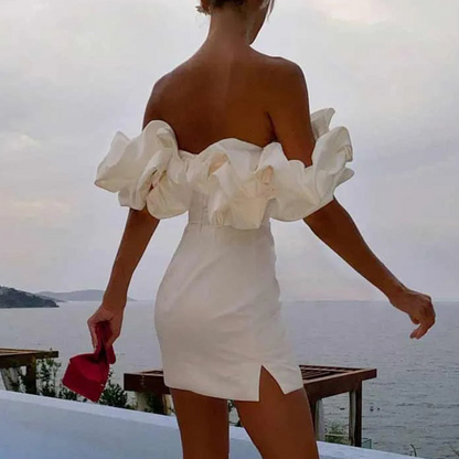 Women's Off-the-Shoulder Satin Mini Dress with Ruffles