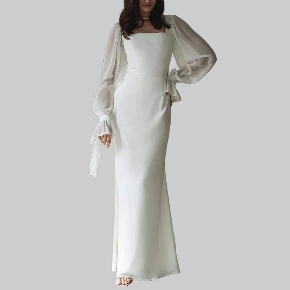 Women's Square Neck Maxi Dress with Sheer Puff Sleeves