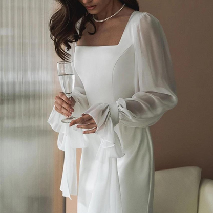 Women's Square Neck Maxi Dress with Sheer Puff Sleeves