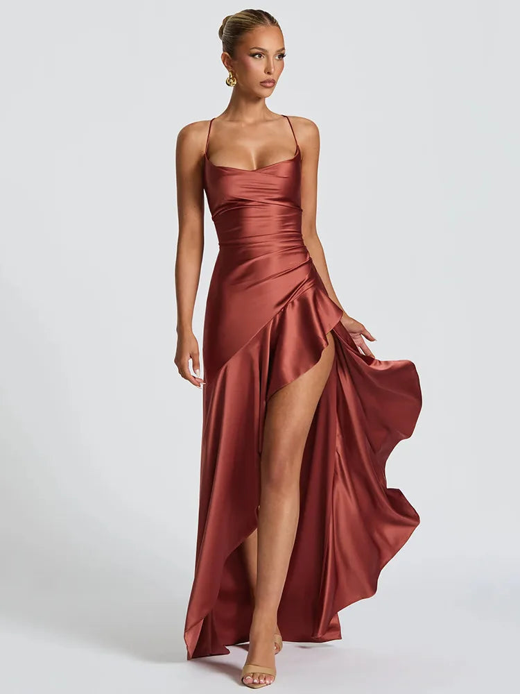 Women's Satin Maxi Dress with Ruffled High Slit