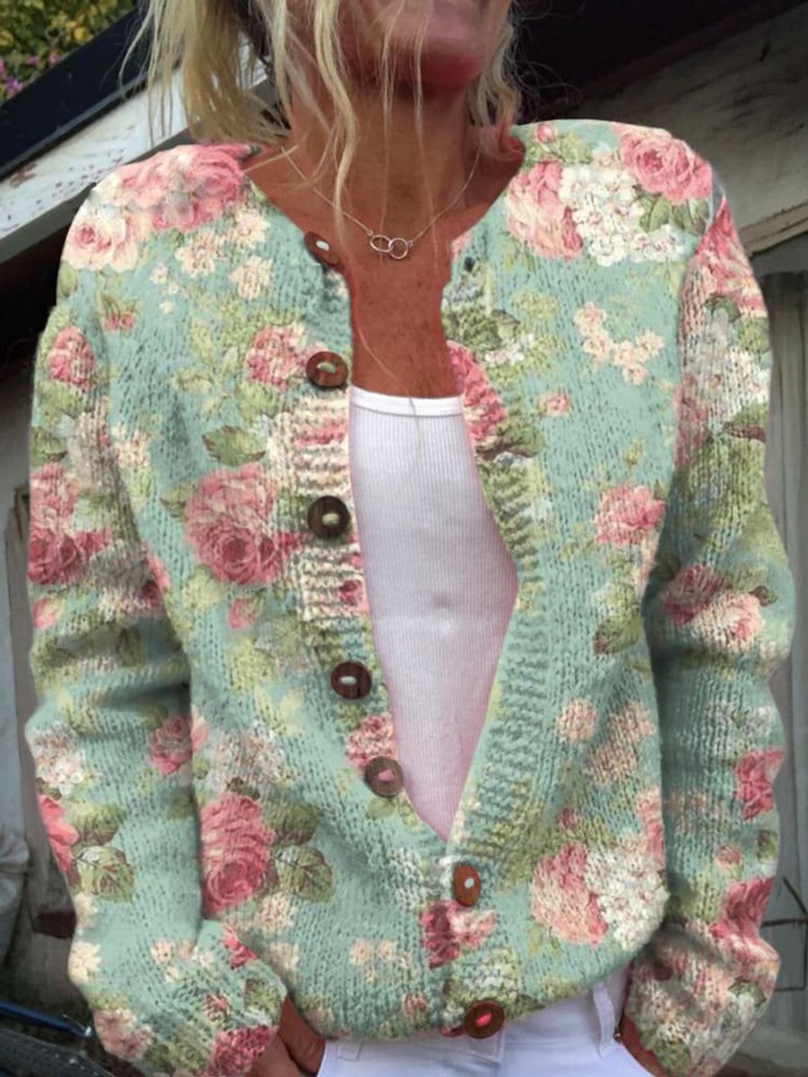 Women's Floral Button Front Knit Cardigan