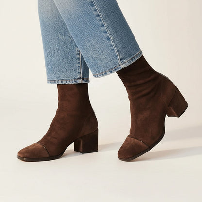 Women's Ankle Boots – Suede, Square Toe, Block Heel
