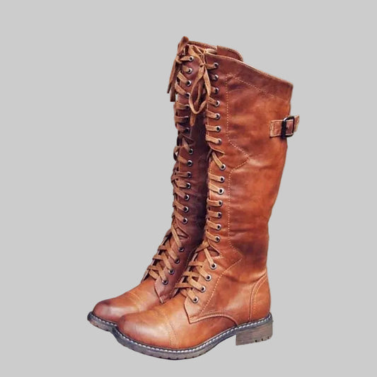 Women's Knee High Lace Up Riding Boots with Buckle