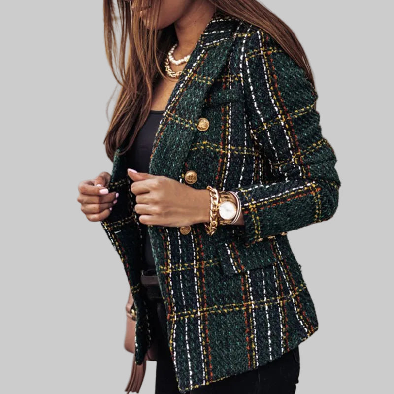 Women's Plaid Tweed Blazer with Gold Buttons