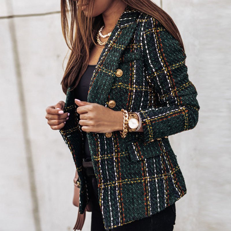 Women's Plaid Tweed Blazer with Gold Buttons