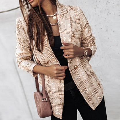 Women's Plaid Tweed Blazer with Gold Buttons
