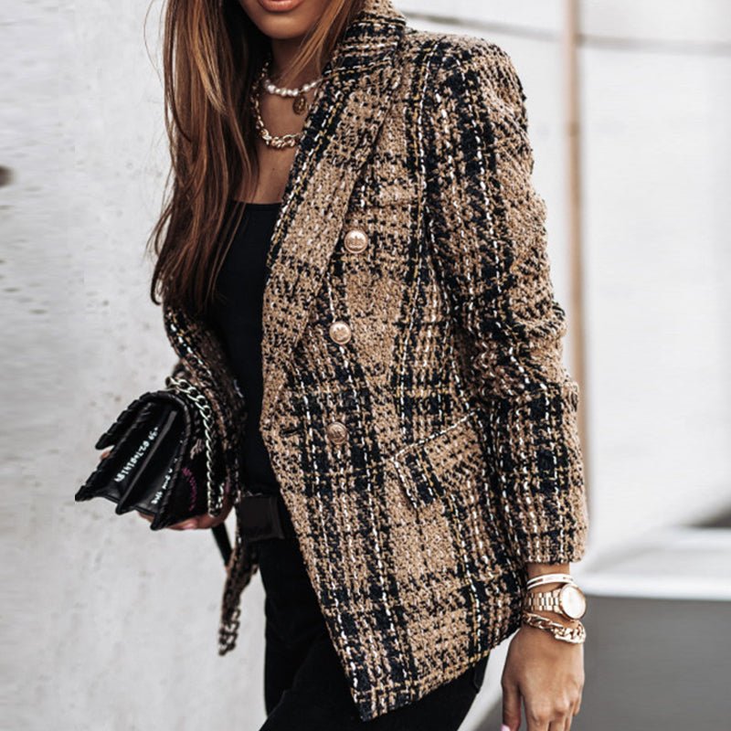Women's Plaid Tweed Blazer with Gold Buttons