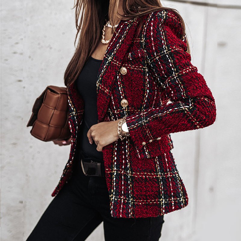 Women's Plaid Tweed Blazer with Gold Buttons