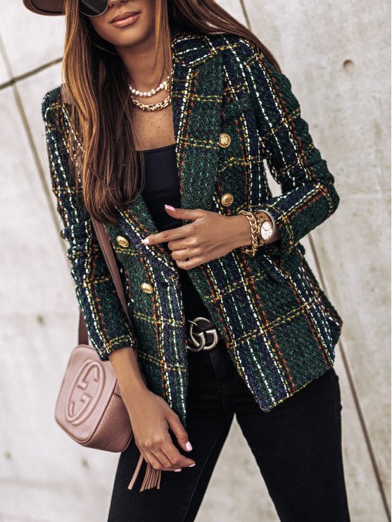 Women's Plaid Tweed Blazer with Gold Buttons