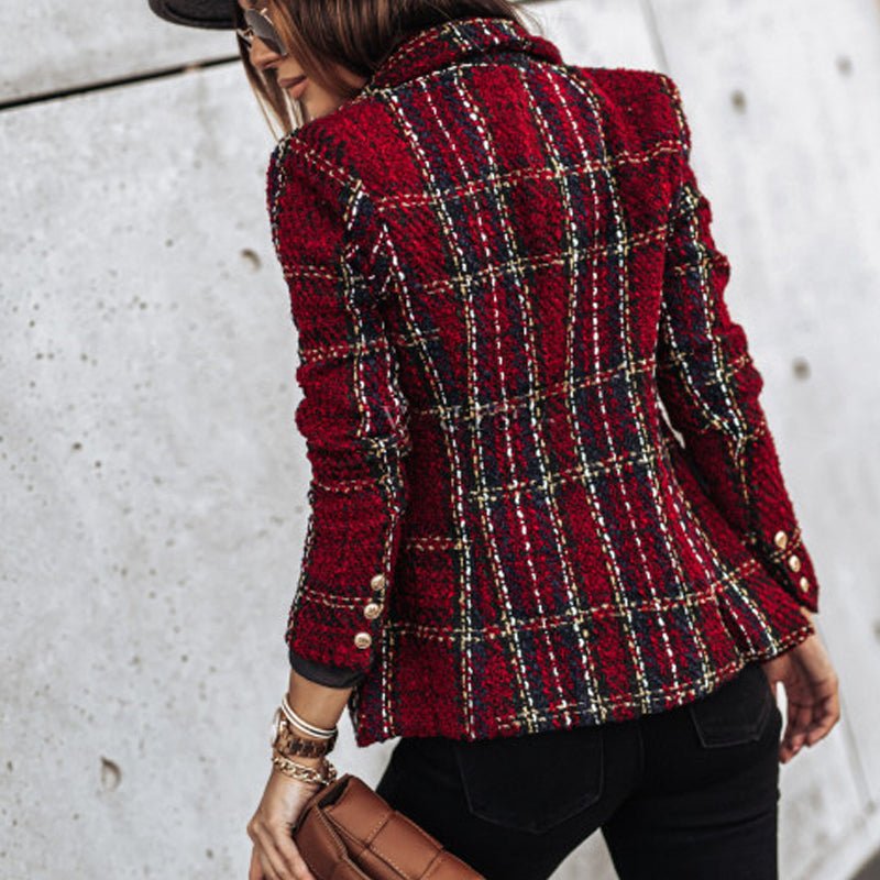 Women's Plaid Tweed Blazer with Gold Buttons