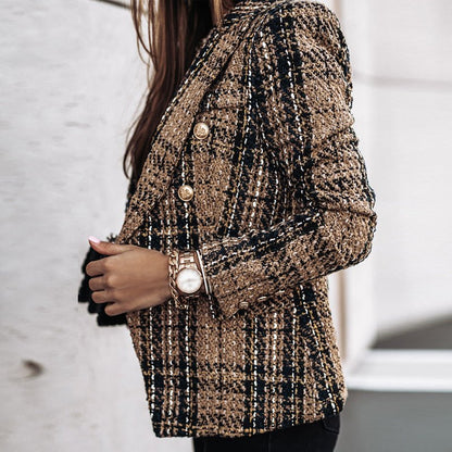 Women's Plaid Tweed Blazer with Gold Buttons