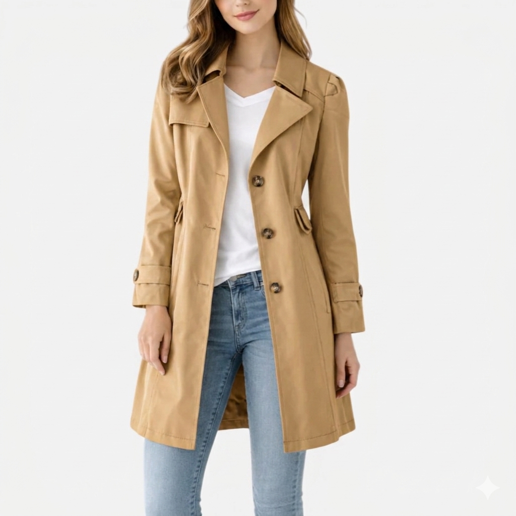 Women's Mid-Length Trench Coat with Lapel Collar