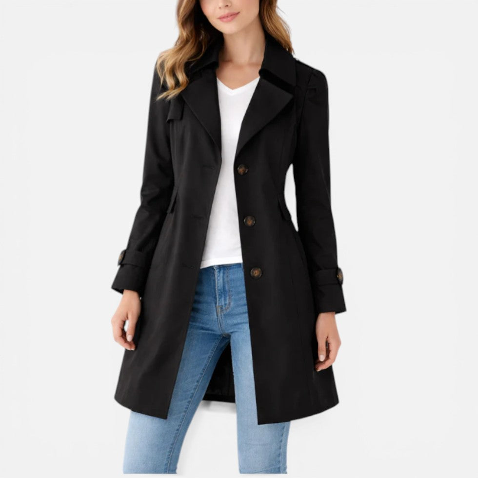Women's Mid-Length Trench Coat with Lapel Collar
