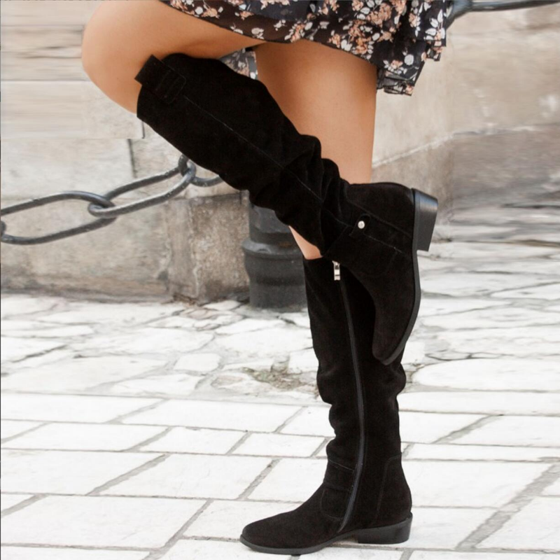 Women's Slouchy Suede Knee-High Boots with Side Zipper