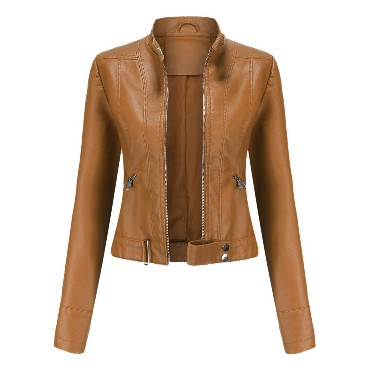 Women's Cropped Faux Leather Biker Jacket with Stand Collar