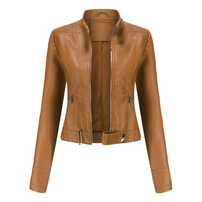 Women's Cropped Faux Leather Biker Jacket with Stand Collar