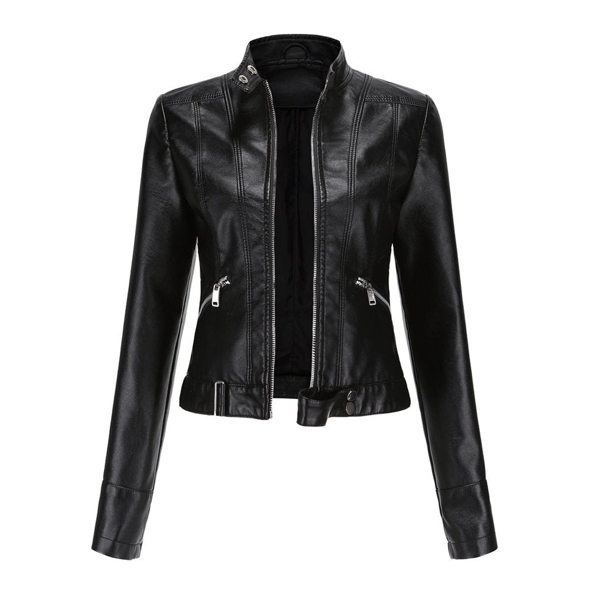 Women's Cropped Faux Leather Biker Jacket with Stand Collar