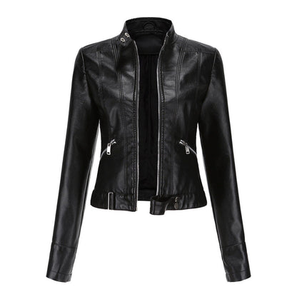 Women's Cropped Faux Leather Biker Jacket with Stand Collar