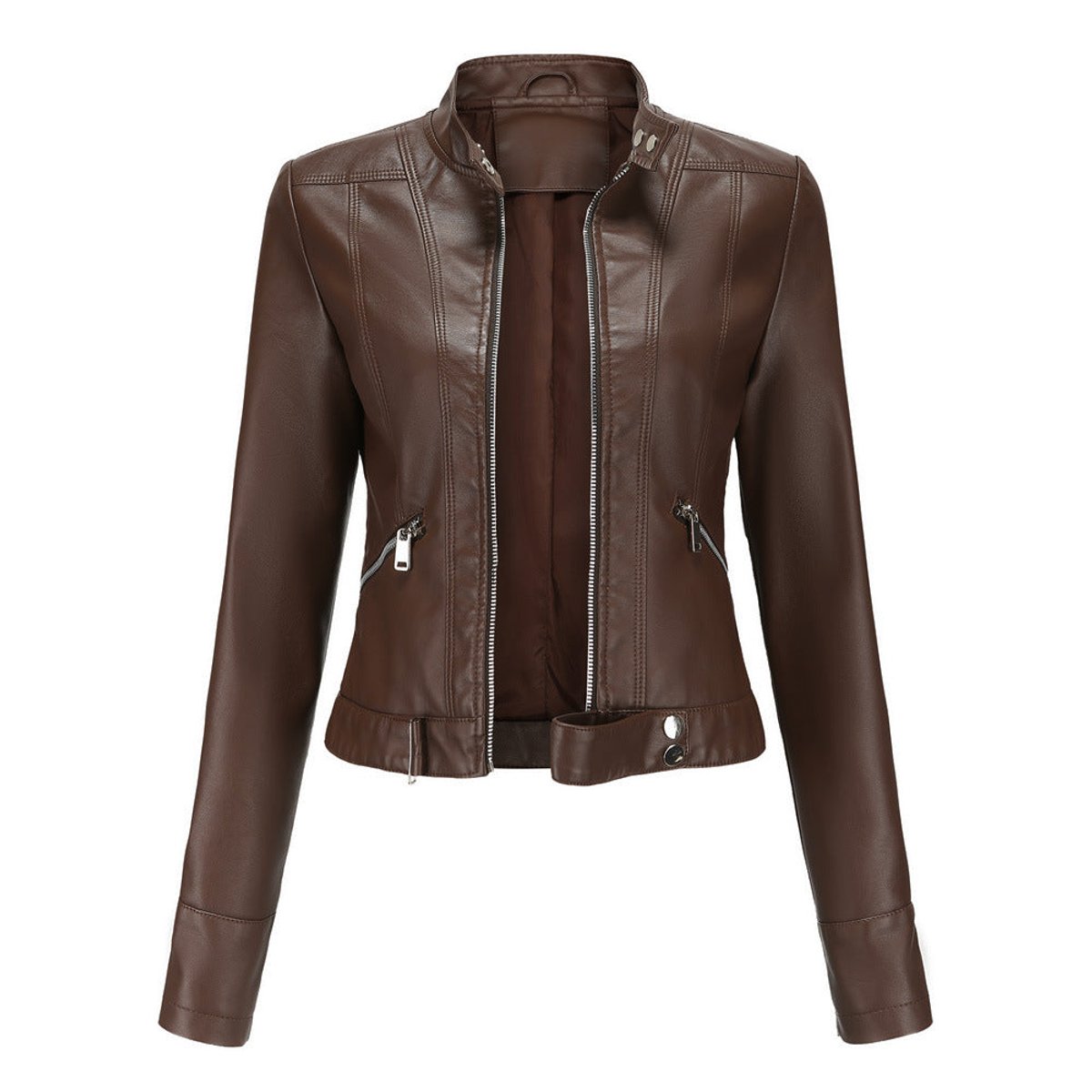 Women's Cropped Faux Leather Biker Jacket with Stand Collar
