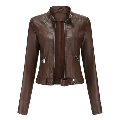 Women's Cropped Faux Leather Biker Jacket with Stand Collar