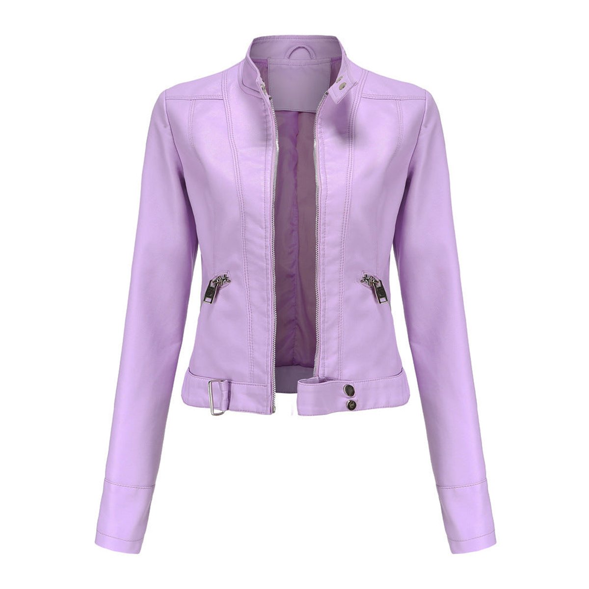 Women's Cropped Faux Leather Biker Jacket with Stand Collar