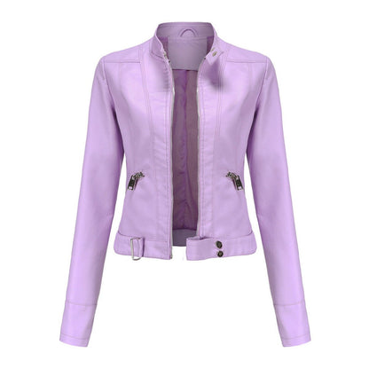 Women's Cropped Faux Leather Biker Jacket with Stand Collar