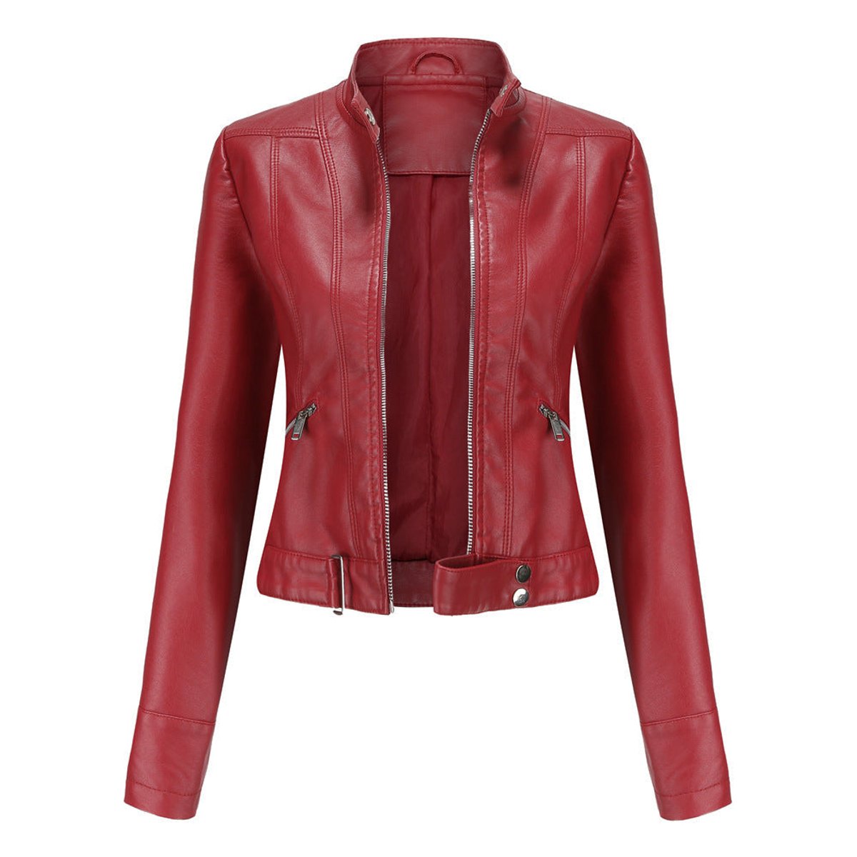 Women's Cropped Faux Leather Biker Jacket with Stand Collar