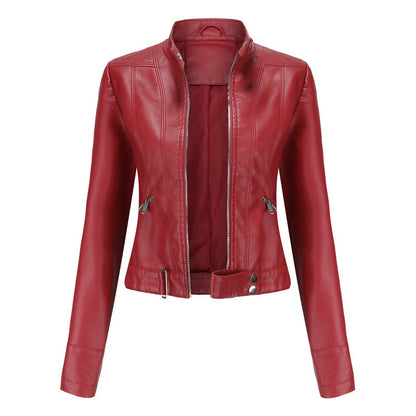 Women's Cropped Faux Leather Biker Jacket with Stand Collar