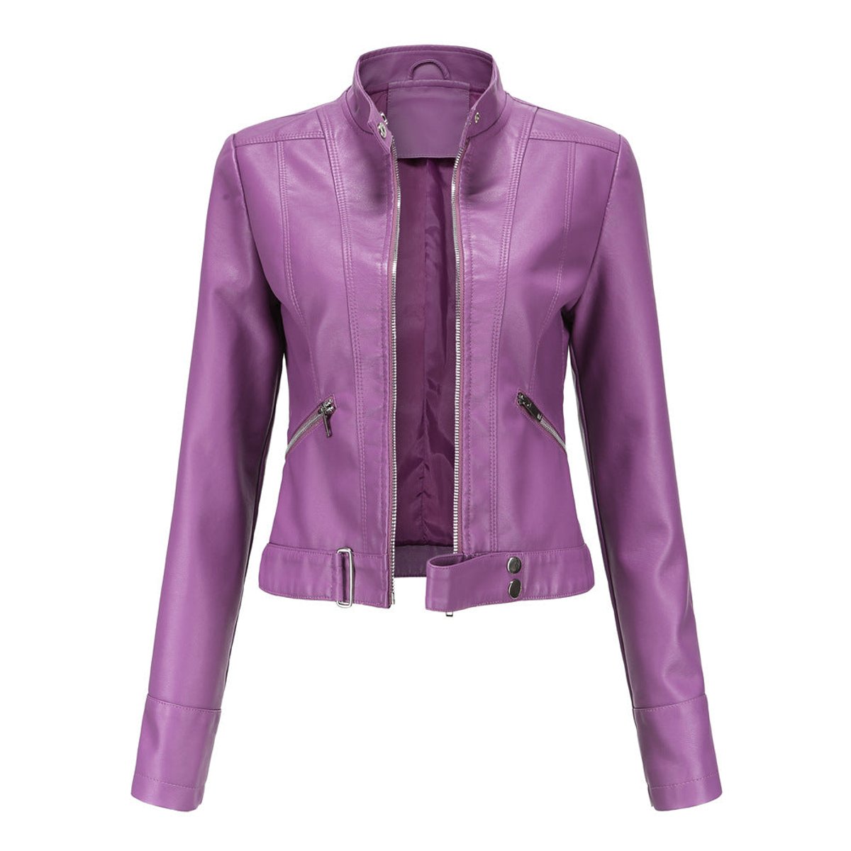 Women's Cropped Faux Leather Biker Jacket with Stand Collar