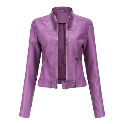 Women's Cropped Faux Leather Biker Jacket with Stand Collar
