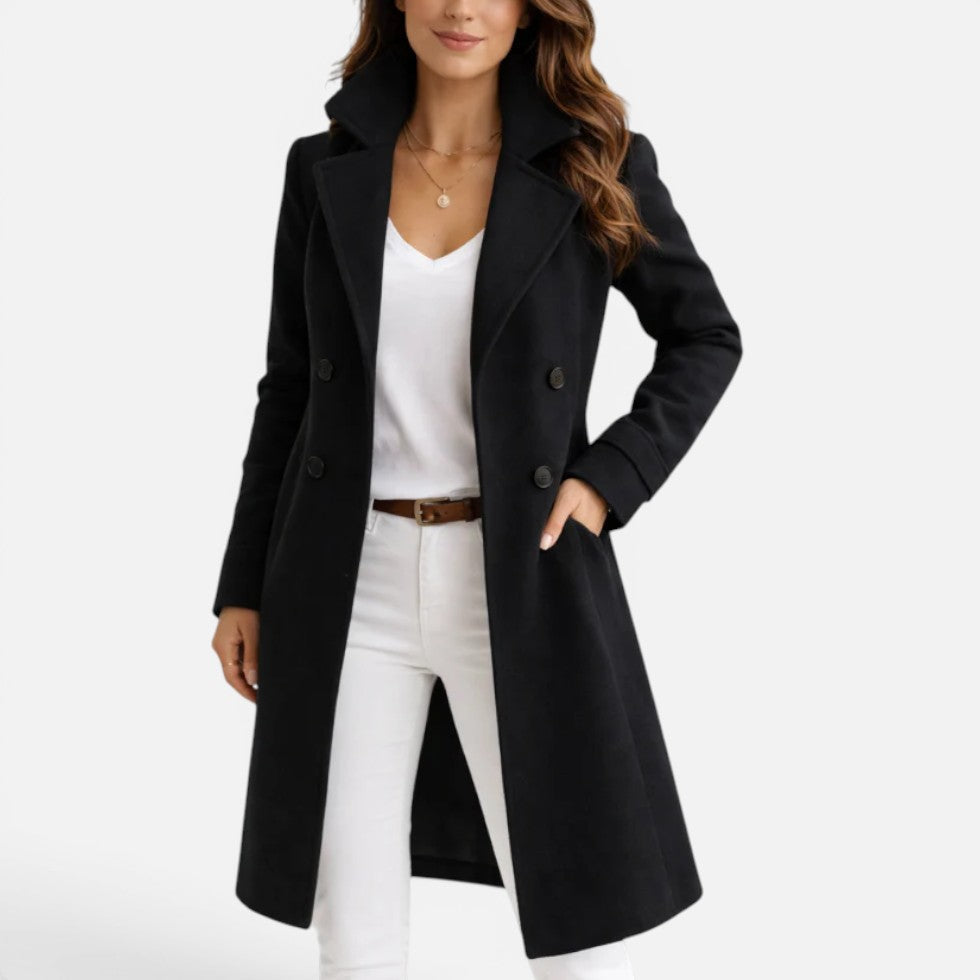 Women's Double-Breasted Long Coat with Lapel Collar