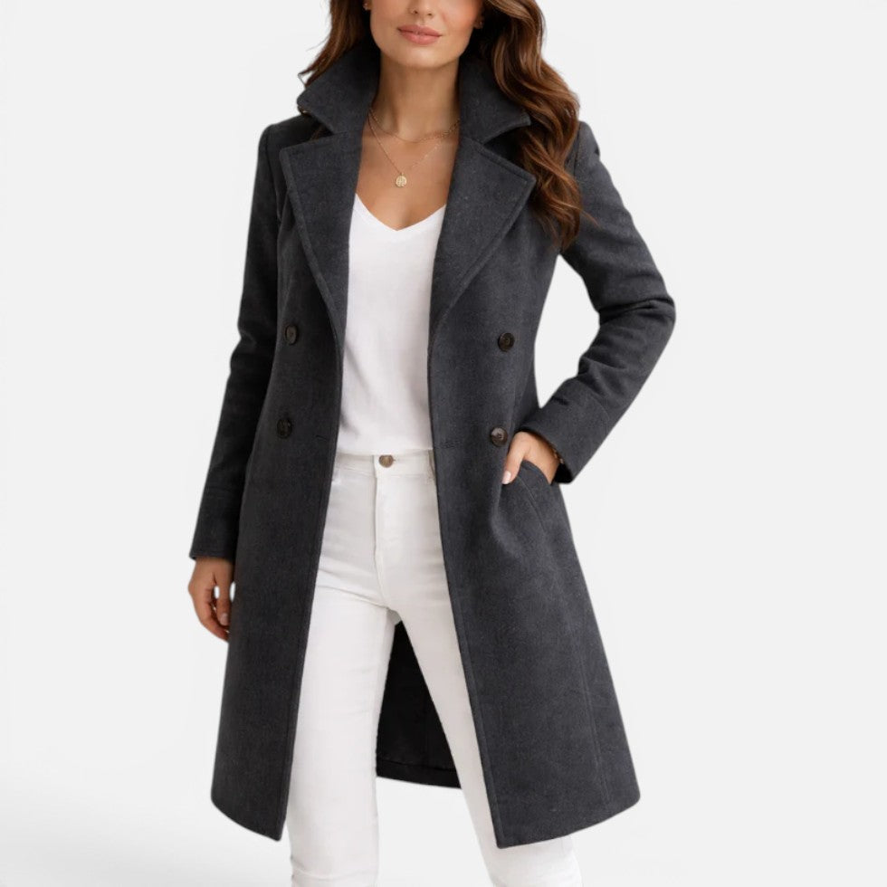 Women's Double-Breasted Long Coat with Lapel Collar