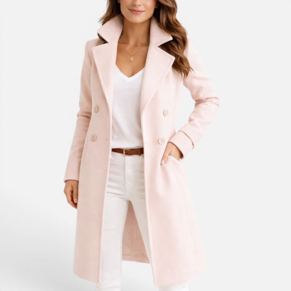 Women's Double-Breasted Long Coat with Lapel Collar
