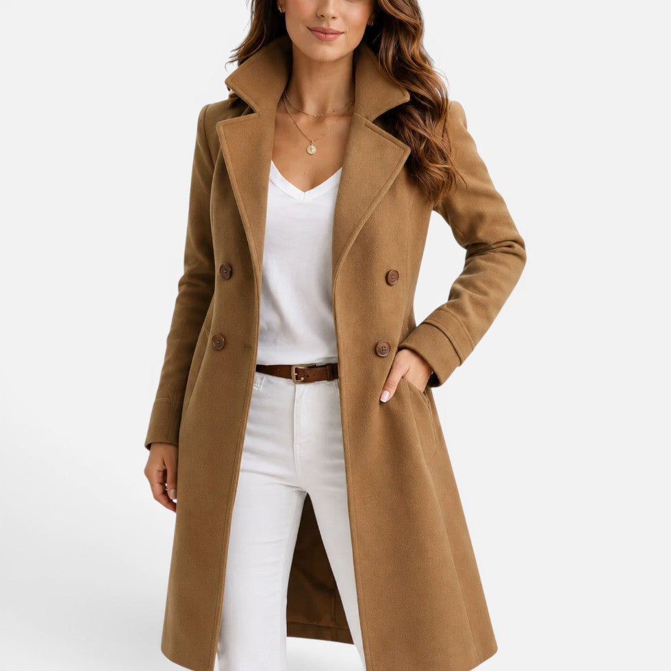 Women's Double-Breasted Long Coat with Lapel Collar