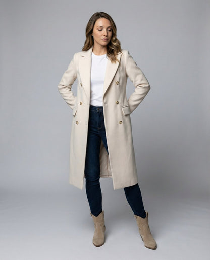 Women's Double-Breasted Long Coat with Gold Buttons