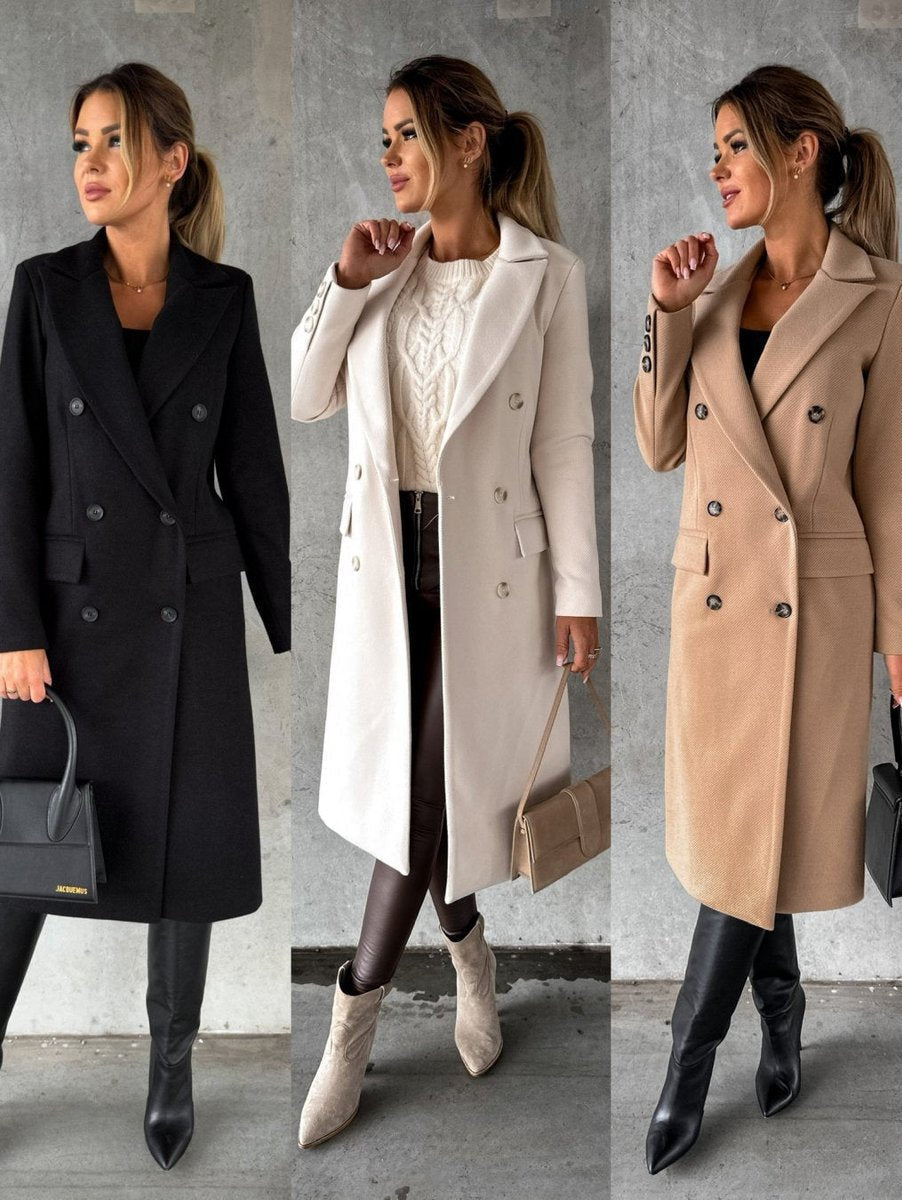 Women's Double-Breasted Long Coat with Gold Buttons