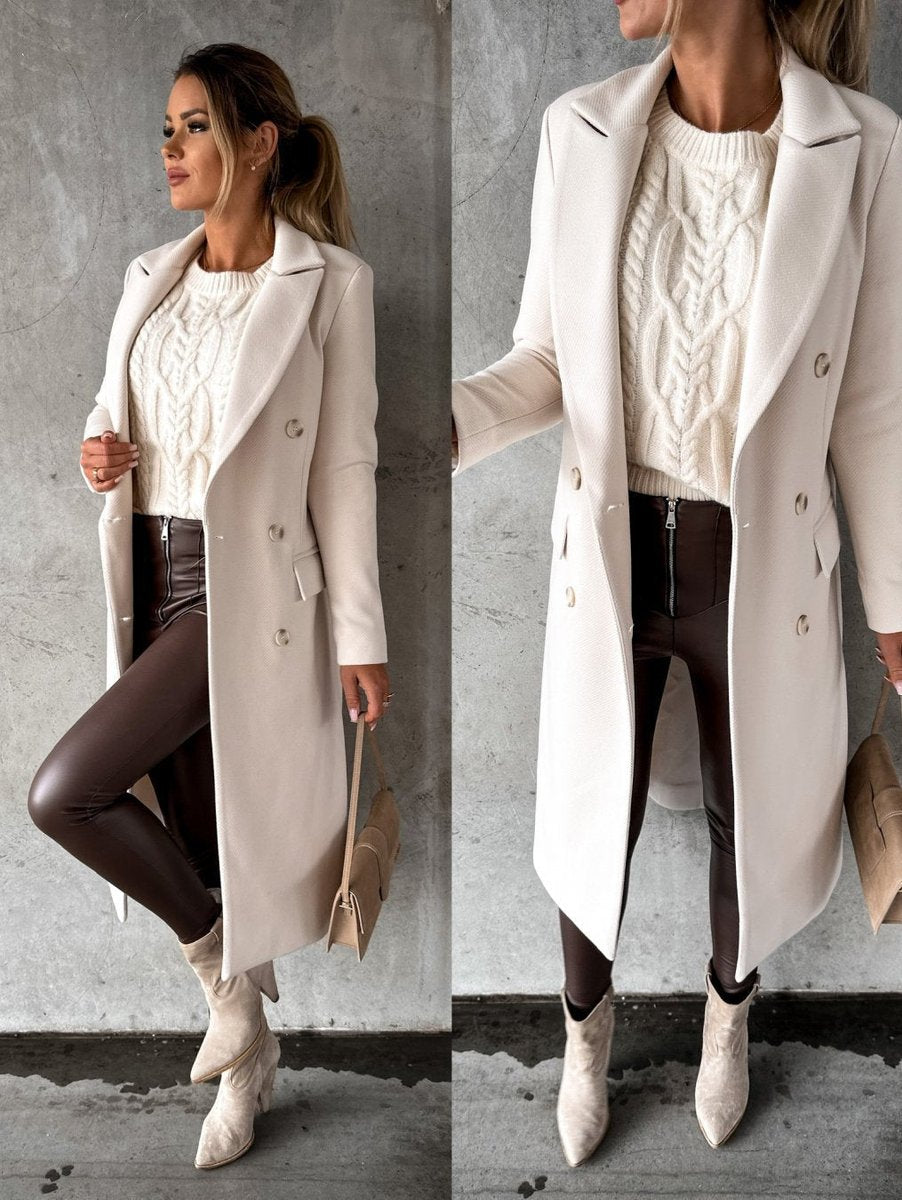 Women's Double-Breasted Long Coat with Gold Buttons