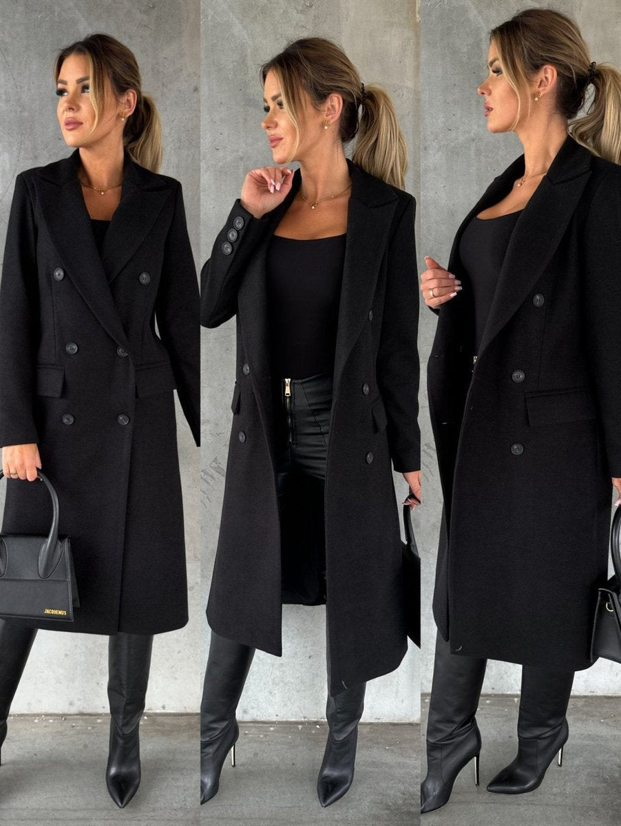 Women's Double-Breasted Long Coat with Gold Buttons