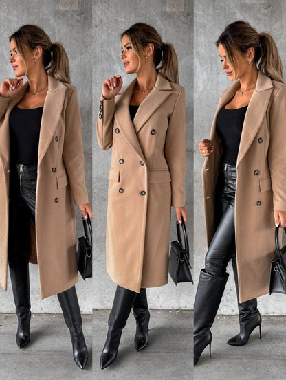 Women's Double-Breasted Long Coat with Gold Buttons