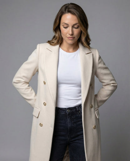 Women's Double-Breasted Long Coat with Gold Buttons